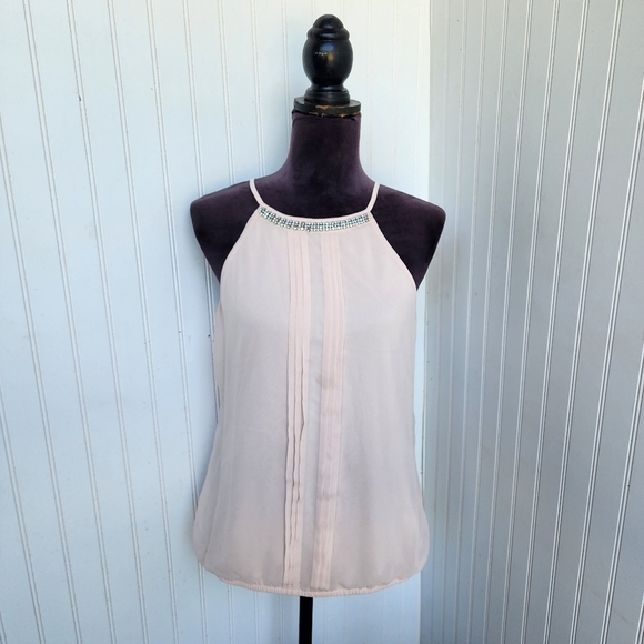 Express Womens Beaded Collar Tank Blush Pink Elastic Hem Back Neck Keyhole Sz M - Picture 1 of 12
